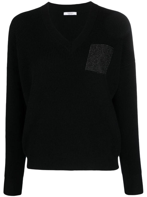 metallic-threading V-neck jumper